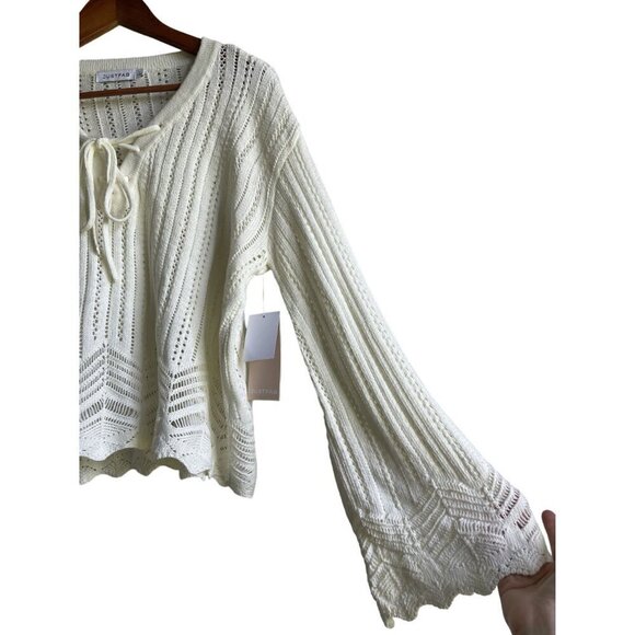 New! JUSTFAB Size Large Cream V-Neck Tie Front Pullover Cropped Sweater - Picture 4 of 11